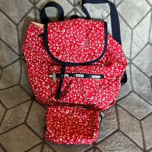 LeSportSac Cute Red and blue floral medium backpack and pouch set
